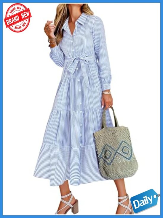 Dresses & Skirts - Long Sleeve Striped Flowy Maxi Dress with Button Down Ruffle Hem - Casual
